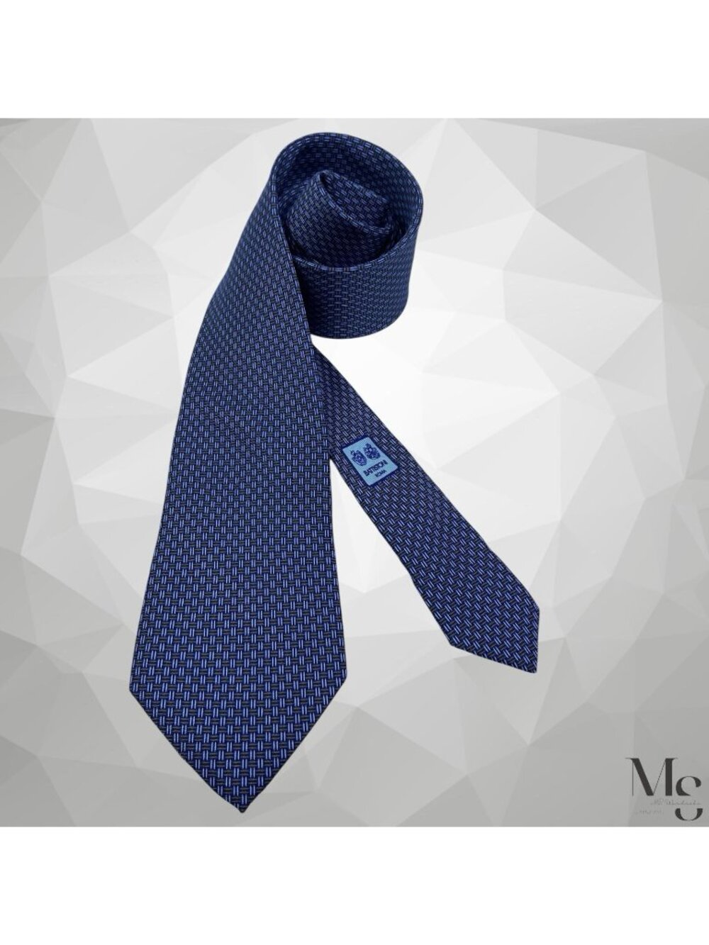 BATTISTONI BAT 1195 Blue Brown Geometric Luxury Men’s Silk Tie Made In Italy EUC
